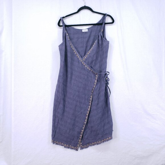 Wrap Designed in London Blue Gray Linen Blend Embroidery Wrap Mid Dress 8 - Picture 1 of 16